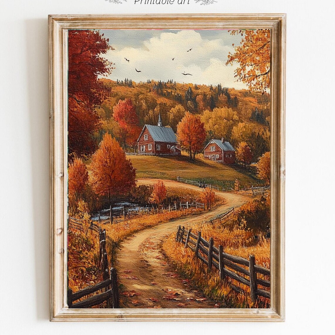 Autumn Farm Landscape with Red Farmhouse and Country Road Poster