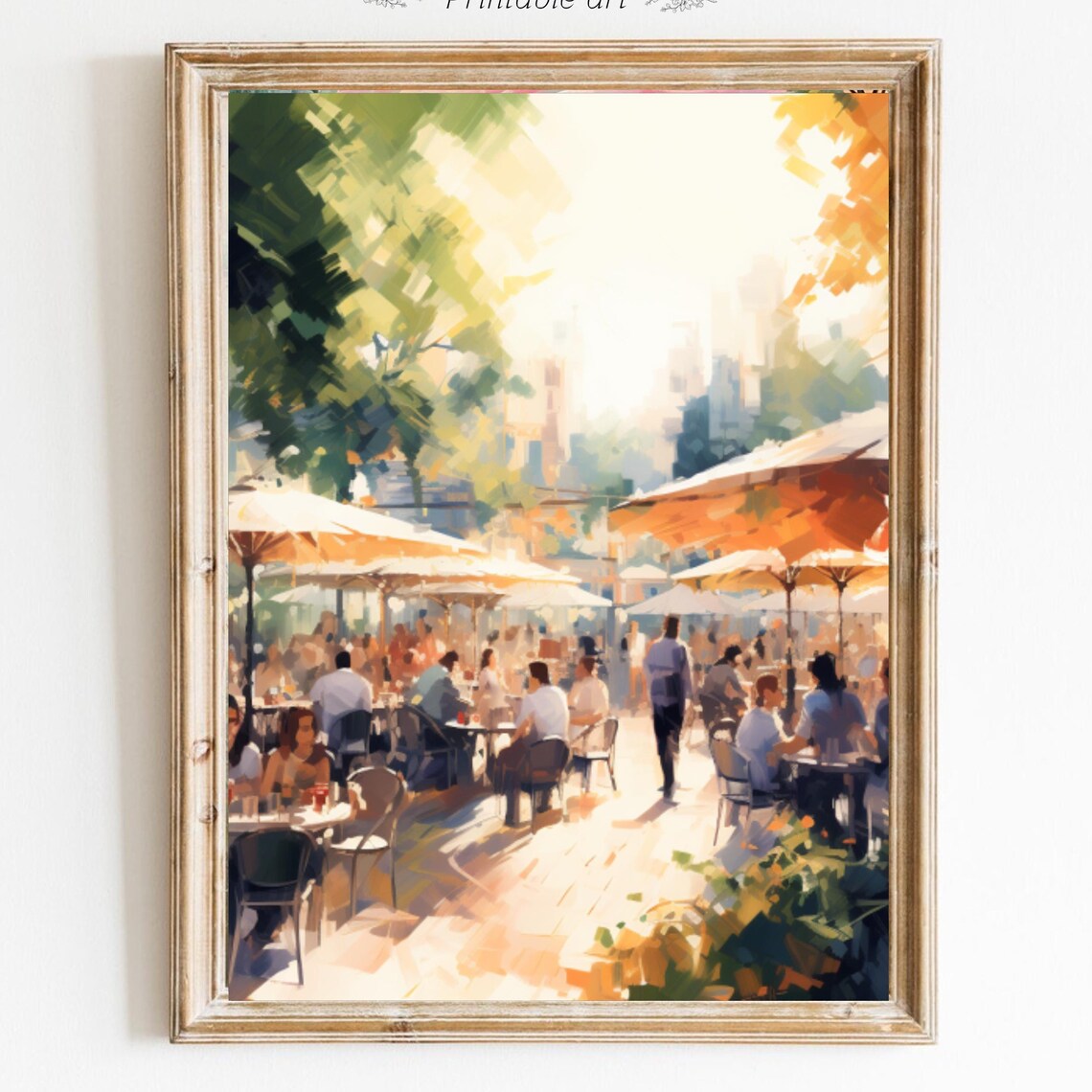 Sunny Outdoor Cafe Terrace With Umbrellas And Happy Diners Print