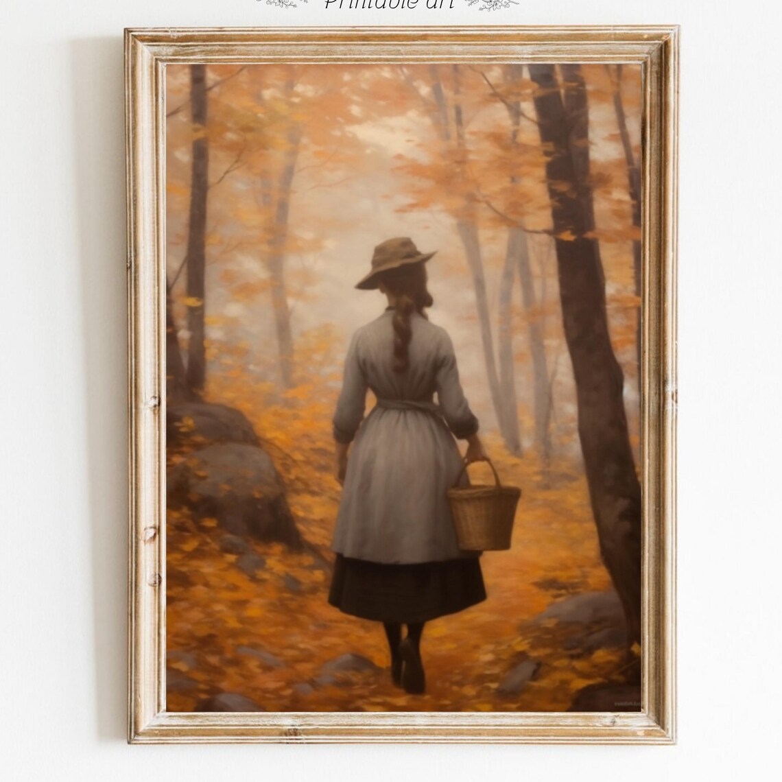 Woman with Basket Walking Through Golden Autumn Forest Poster