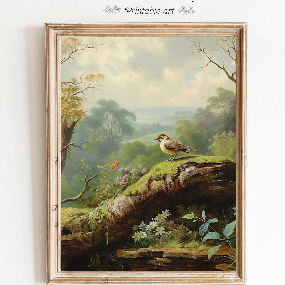 Songbird On Mossy Log Lush Green Forest Valley Painting Poster