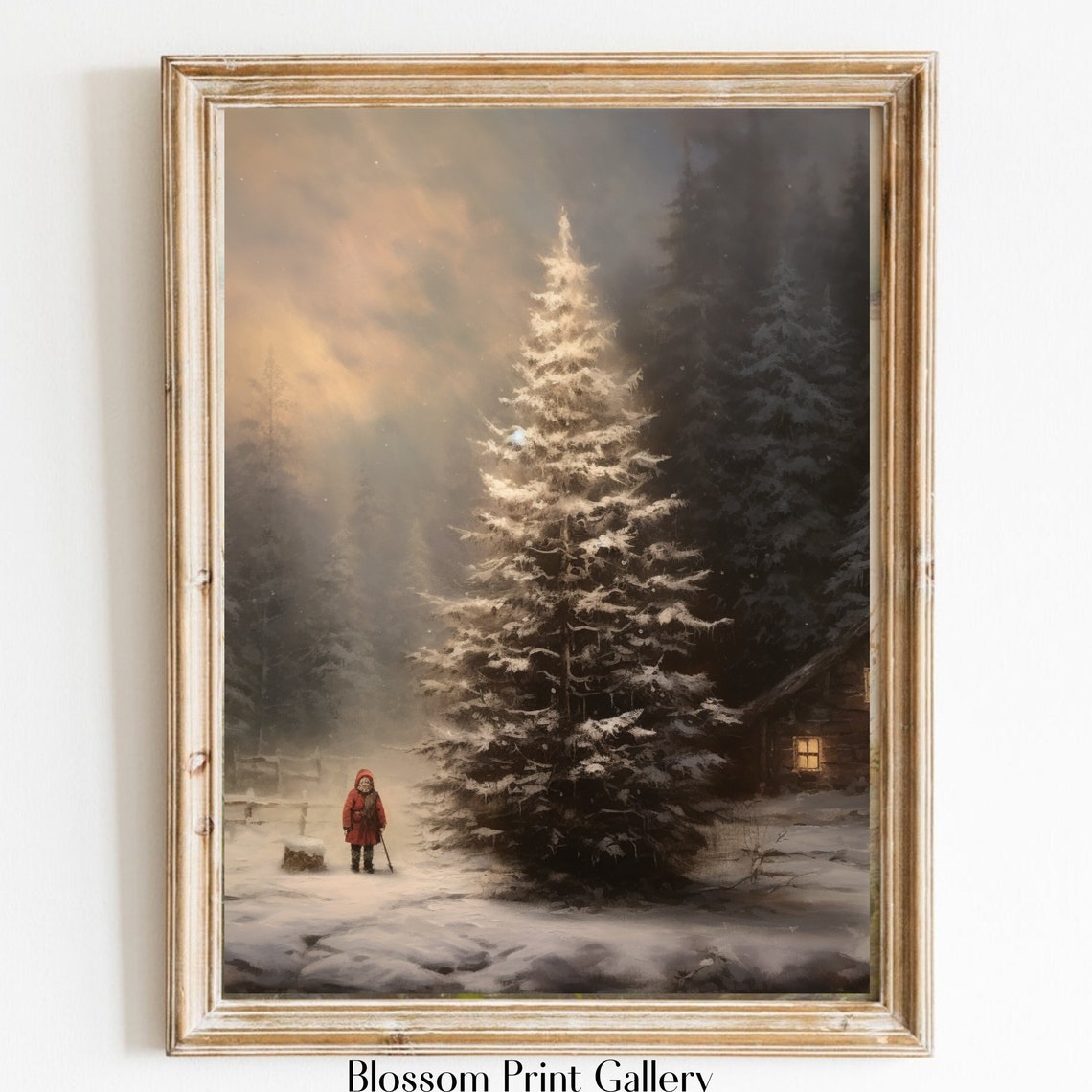 Child in Red Coat by Snowy Pine at Dusk Vintage Christmas Poster
