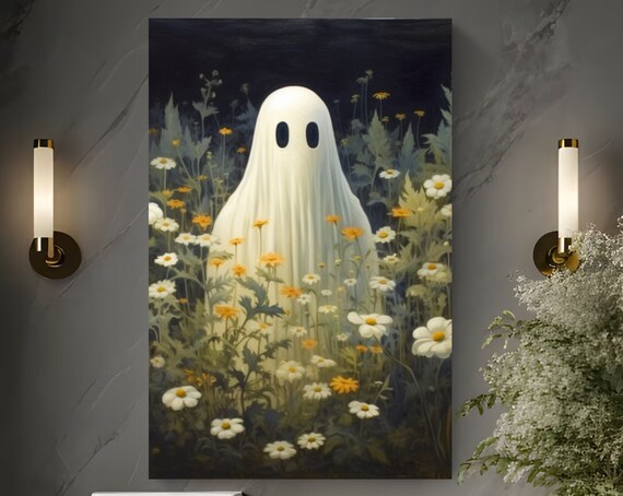 Cute Ghost In Wildflower Meadow At Night Spooky Floral Poster