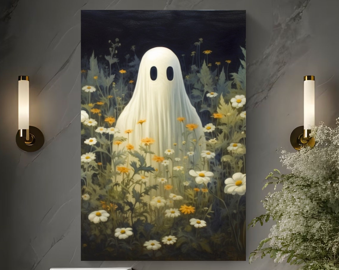 Cute Ghost In Wildflower Meadow At Night Spooky Floral Poster