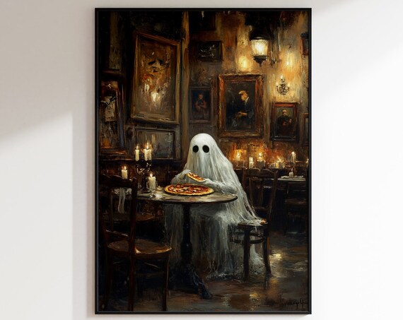 Ghost Eating Pizza Halloween Print, Dark Academia
