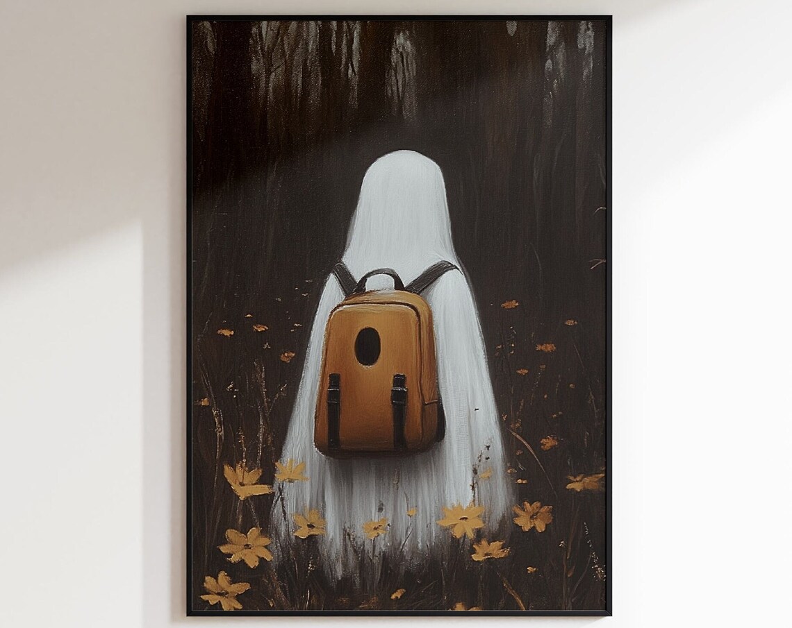 Ghost With Backpack Walking Through Dark Forest Halloween Poster