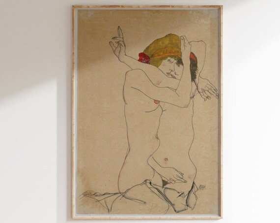 Egon Schiele Two Women Embracing 1915 Expressive Line Drawing Poster