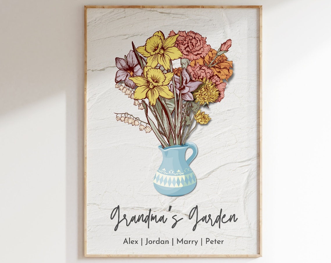 Custom Grandmas Garden Bouquet Birth Month Flower Art Birth Flower Family Bouquet Birth Month Flower Art Birth Month Flower Print Decor