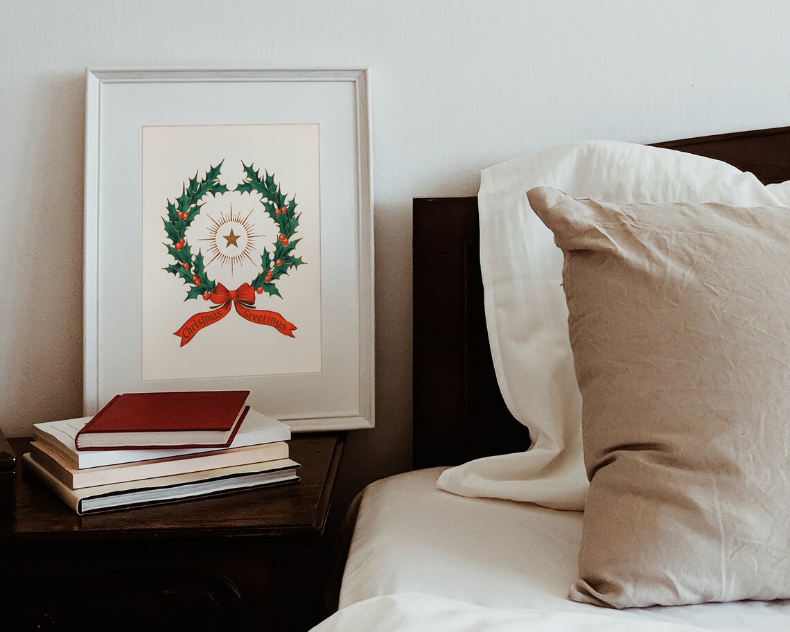 Vintage Christmas Holly Wreath with Star Holiday Greetings Poster - Image 2