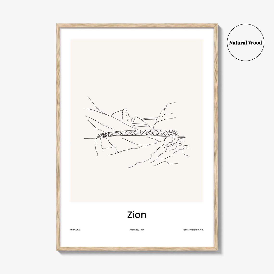 Zion Utah National Park Bridge Canyon Line Art Poster Minimalist Travel Home Gift - Image 2