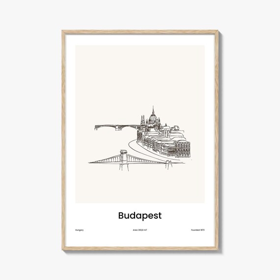 Budapest Hungary Parliament River Bridge One Line Drawing Poster