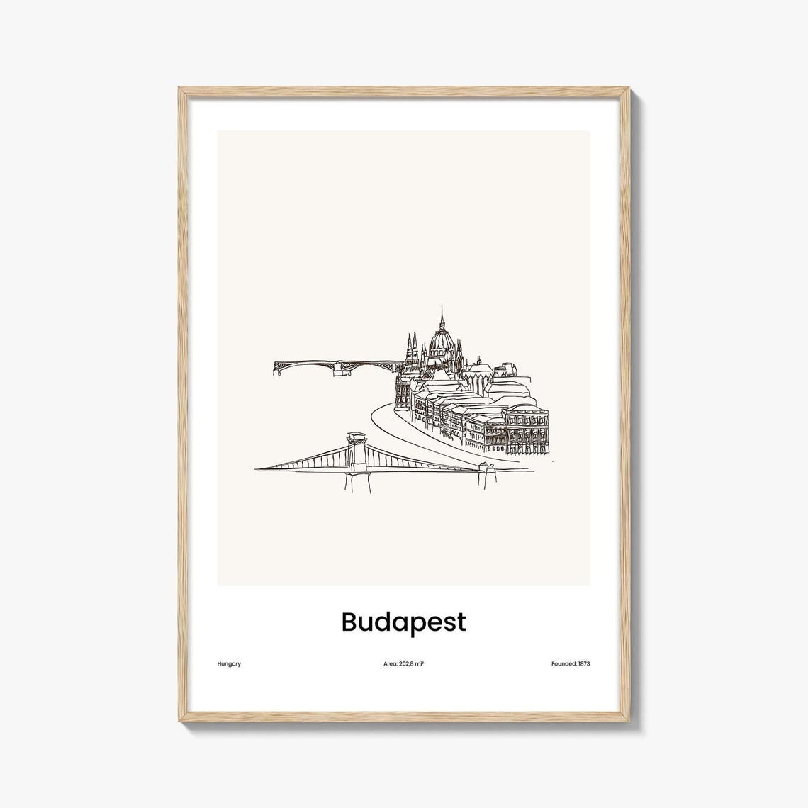 Budapest Hungary Parliament River Bridge One Line Drawing Poster