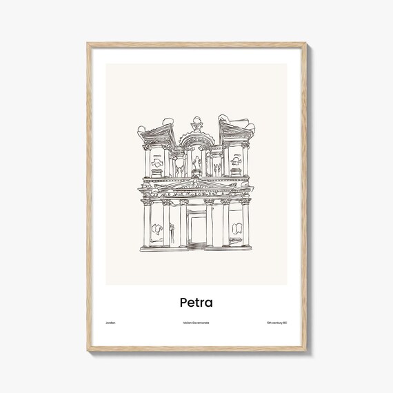 Petra Jordan Treasury Facade One Line Drawing Artwork Poster
