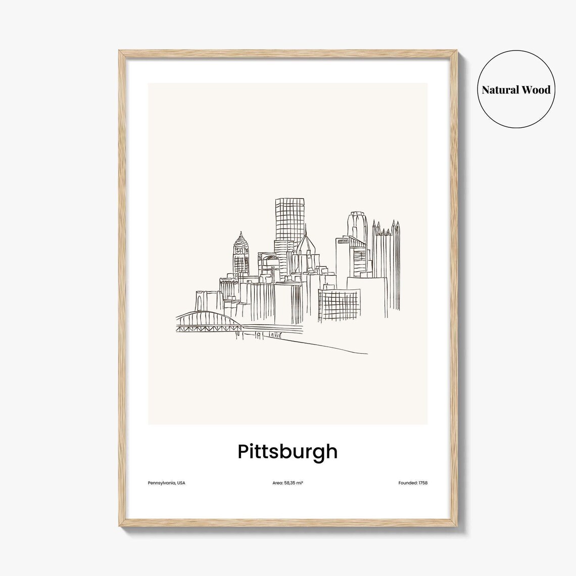Pittsburgh Pennsylvania USA River Bridges Skyline One Line Drawing Poster - Image 2