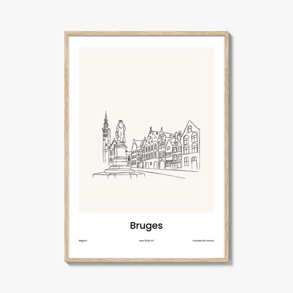 Bruges Belgium Minimalist Line Drawing Old Town Square Poster