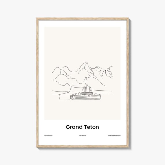 Grand Teton National Park Mountain Line Art Landscape Poster
