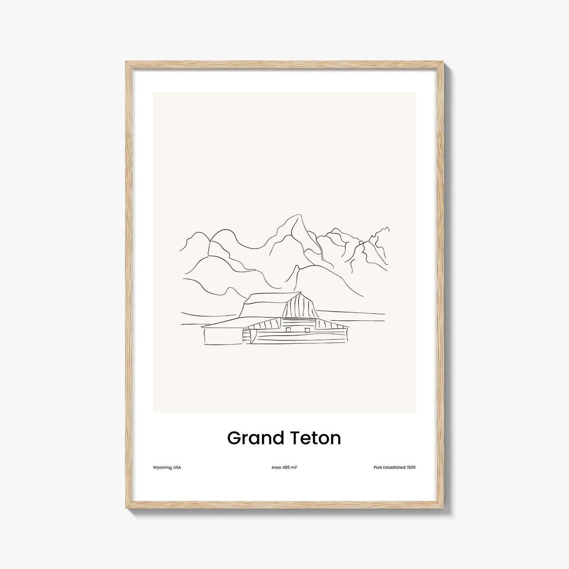 Grand Teton National Park Mountain Line Art Landscape Poster