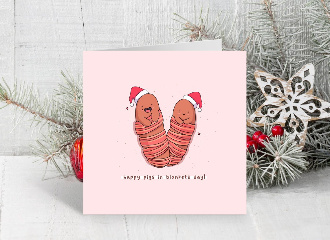 Kawaii Pigs in Blankets Christmas Pun Poster with Santa Hats - Image 3