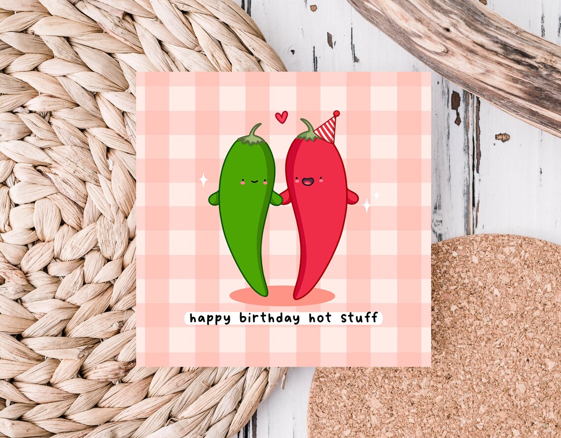 Happy Birthday Hot Stuff Card Funny Pun Birthday Card Punny Love Card Chilli Pun Gingham Card - Image 4