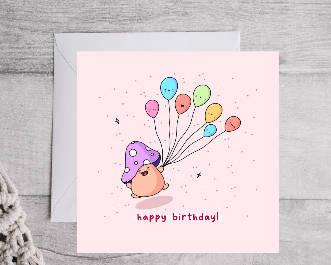Kawaii Mushroom Holding Balloons Happy Birthday Pink Art Print - Image 4