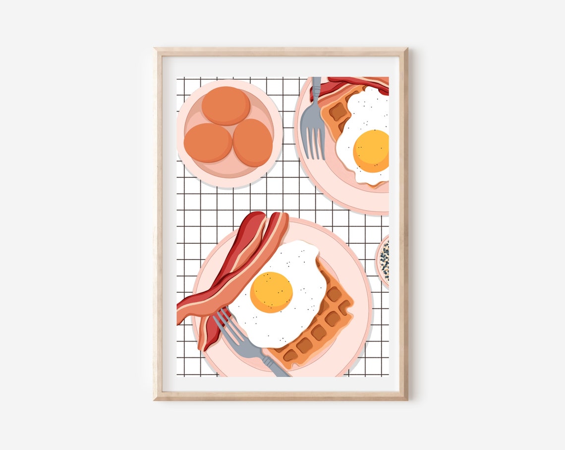 Fried Egg Bacon Waffle Breakfast Art Print on Gingham Background - Image 4