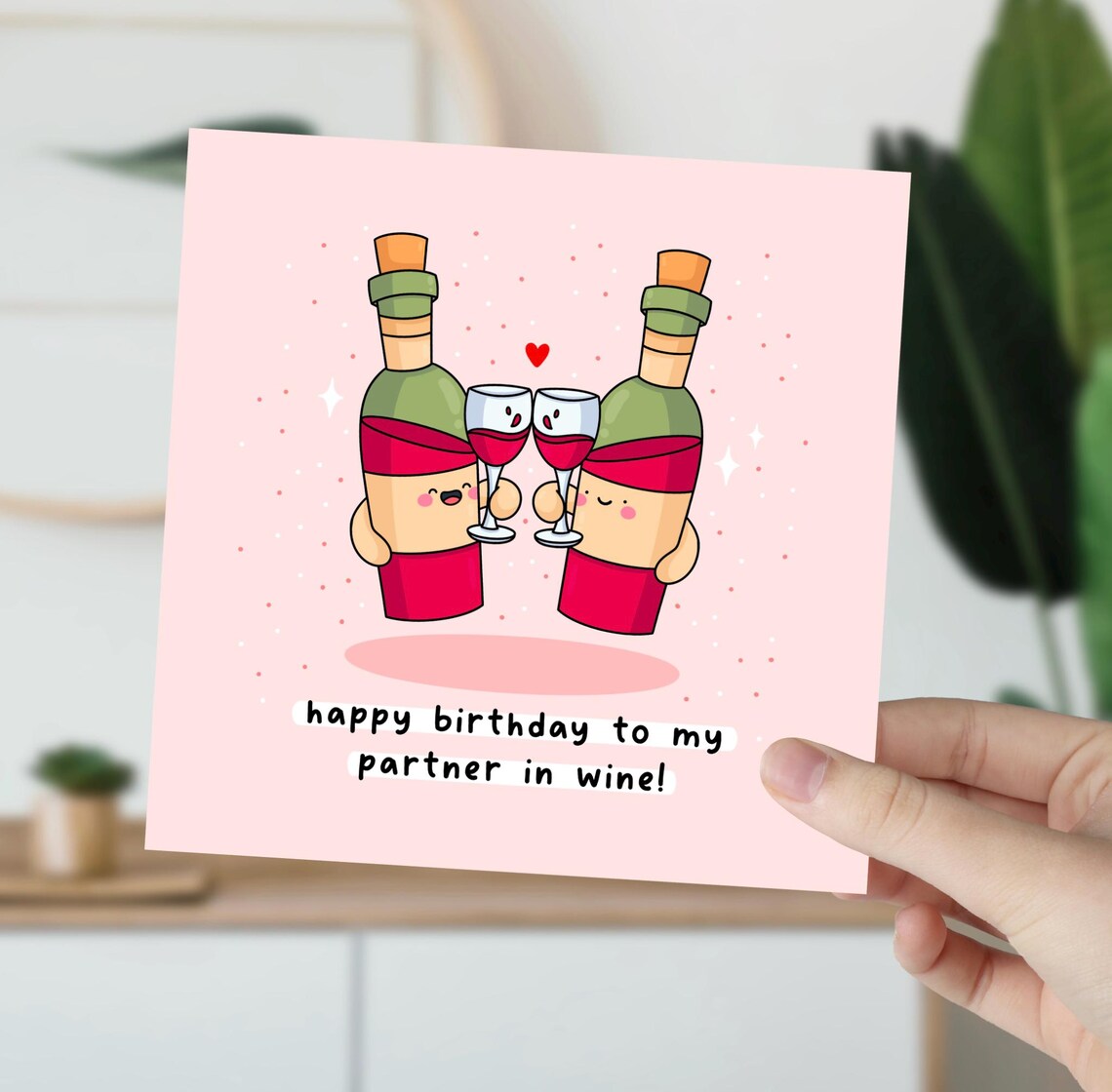 Happy Birthday To My Partner In Wine Funny Illustrated Card Print - Image 6