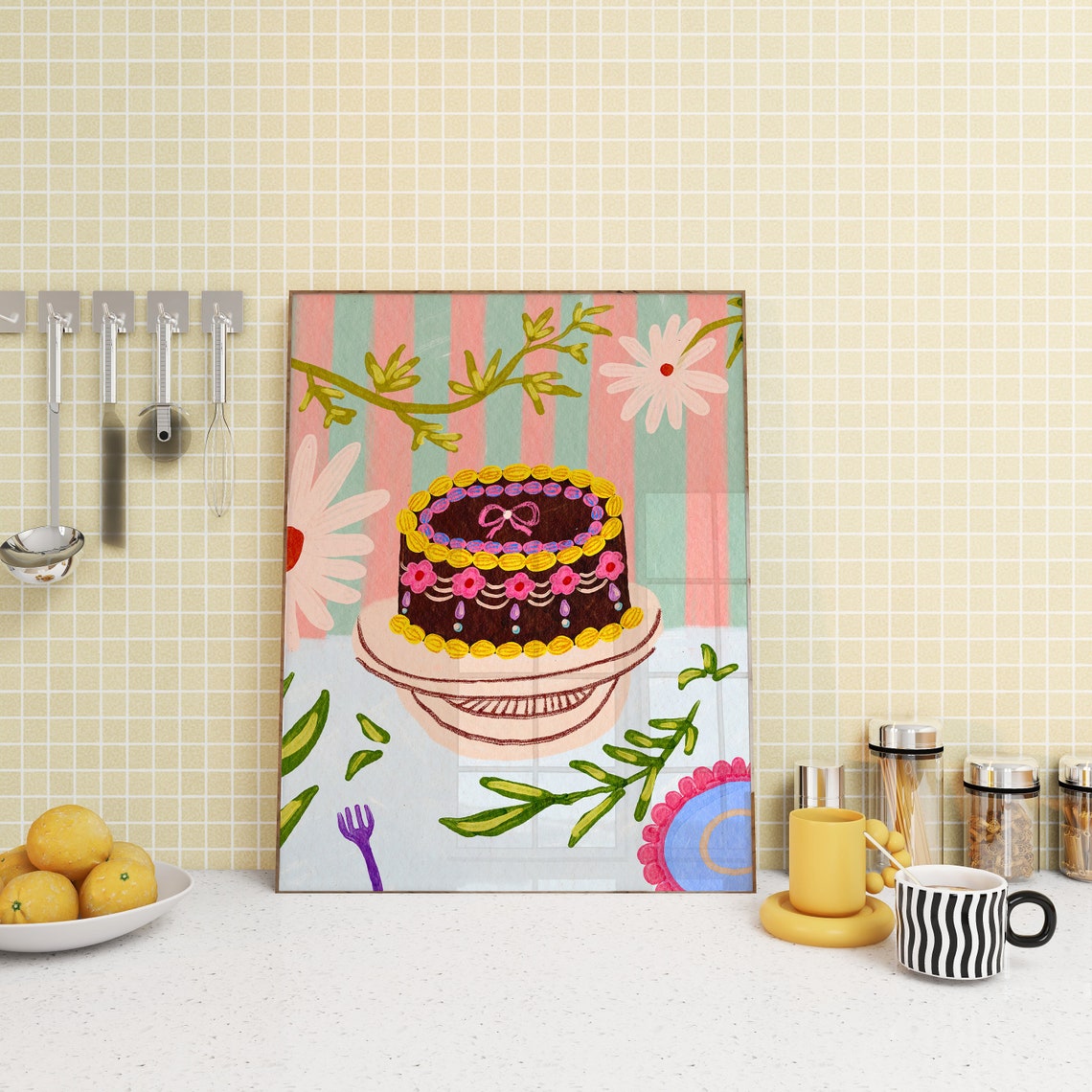 Chocolate Birthday Cake Whimsical Floral Kitchen Decor Poster