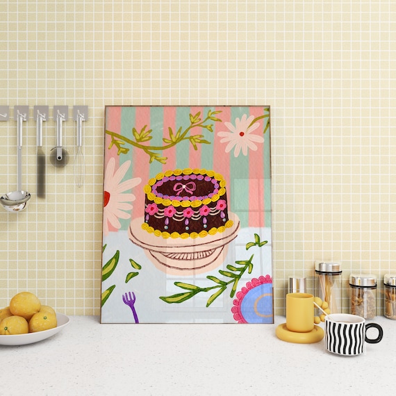 Chocolate Birthday Cake Whimsical Floral Kitchen Decor Poster