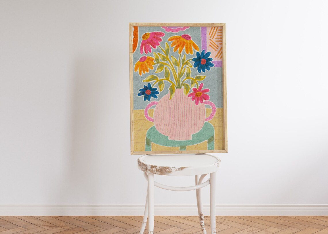 Cone Flowers In Vase Abstract Gouache Art Print