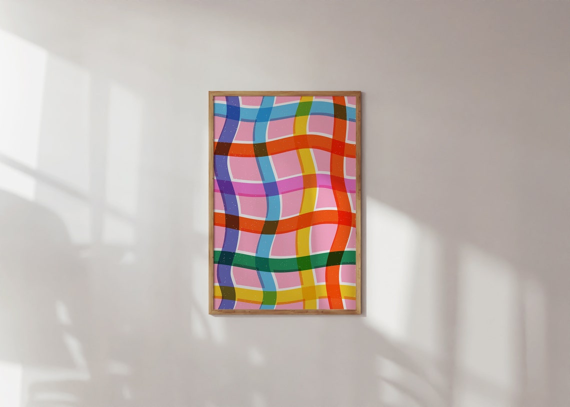 Colorful Wavy Rainbow Grid Abstract Modern Living Room Poster