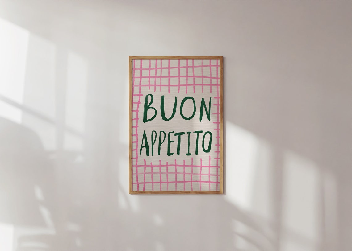 Buon Appetito Green Script Pink Checkered Kitchen Quote Wall Art