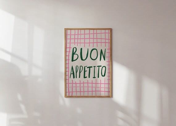 Buon Appetito Green Script Pink Checkered Kitchen Quote Wall Art