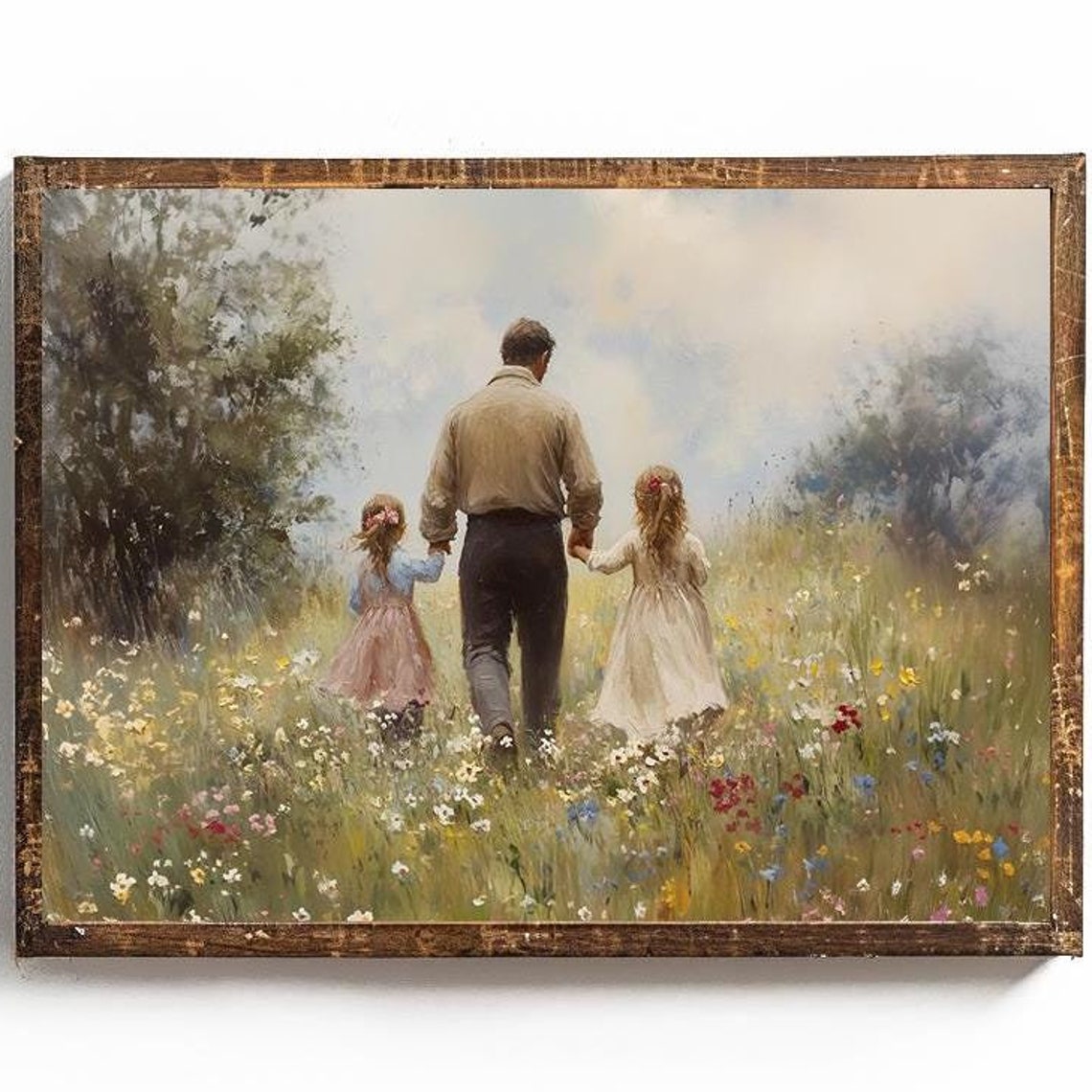 Father Walking Hand in Hand with Two Daughters in Meadow Poster