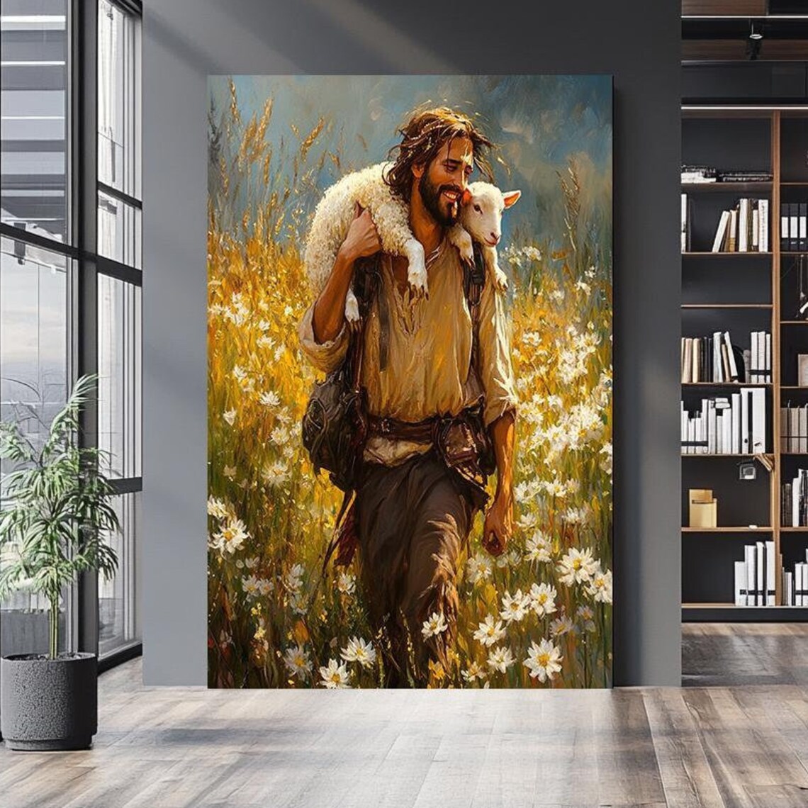 Good Shepherd Jesus Carrying Lamb On Shoulders Through Wheat Poster
