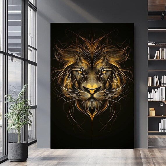 Golden Lion Abstract Wall Art Majestic Animal Lion Black And Gold Modern Decor Fierce Wildlife Poster Lion Luxury Home Design