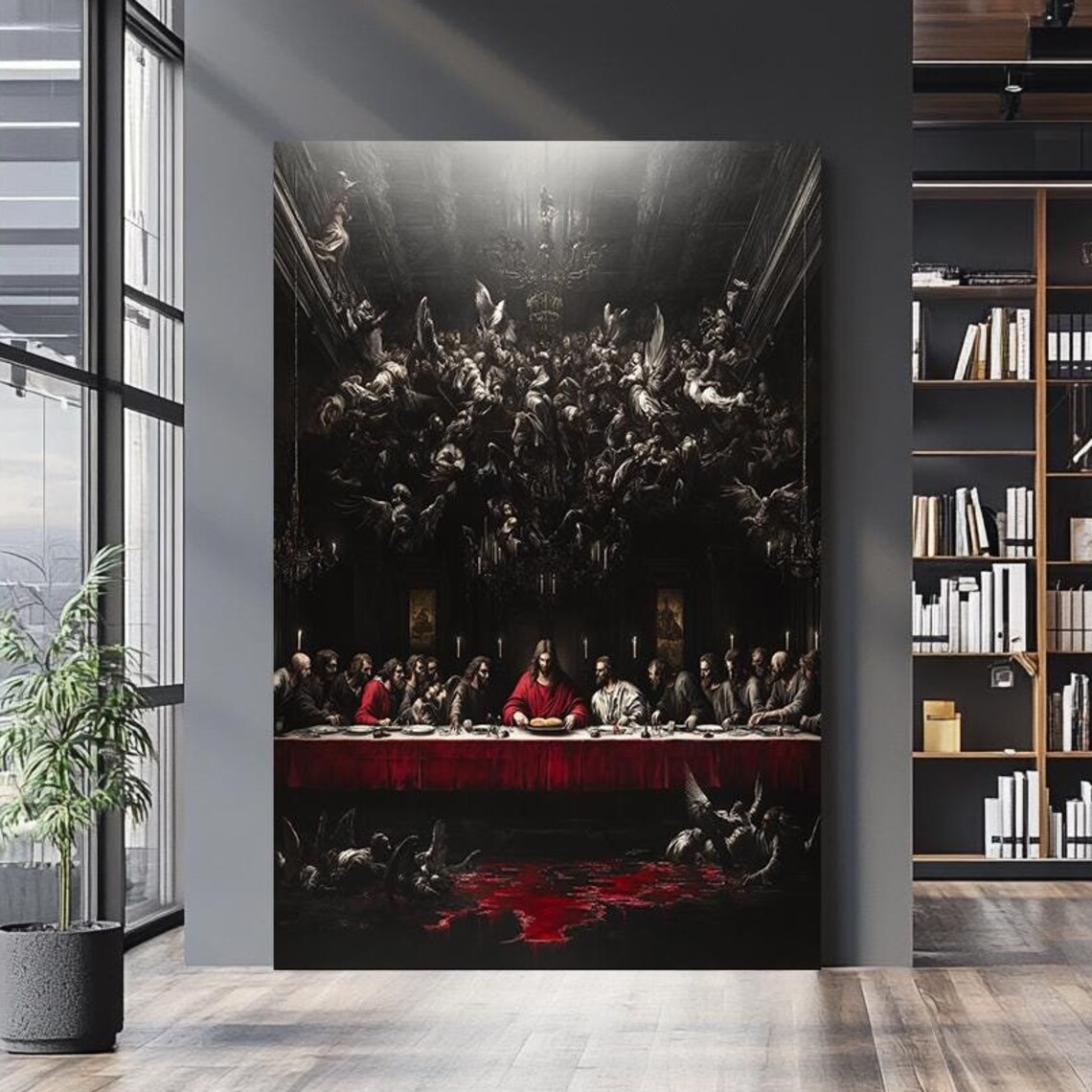 The Last Supper Dark Gothic Painting Jesus In Red With Angels Wall Art