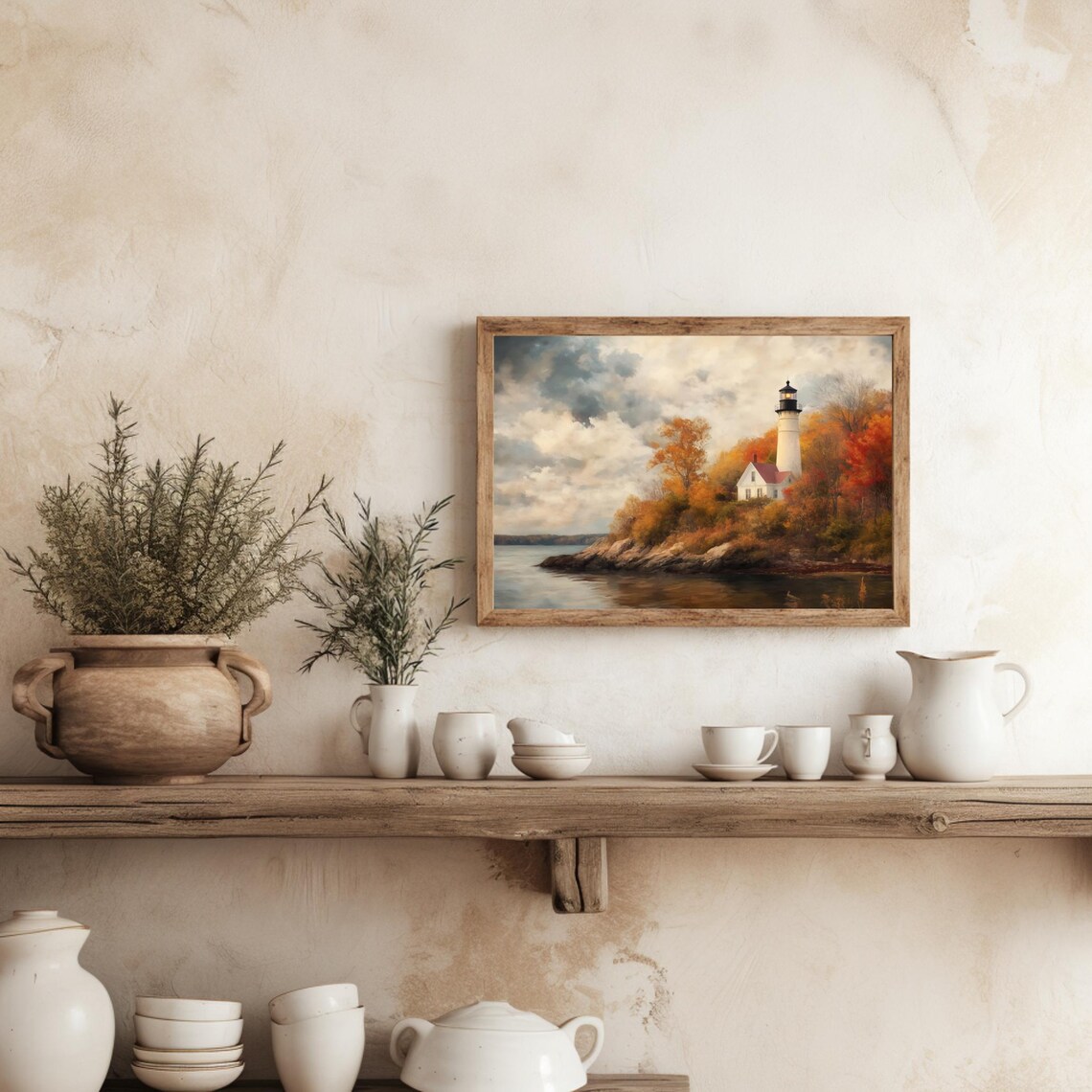 White Lighthouse Keeper Cottage Fall Foliage Rocky Coast Painting Poster - Image 3