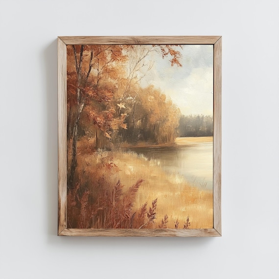 Autumn Lake Shore Golden Foliage Calm Water Vintage Landscape Poster