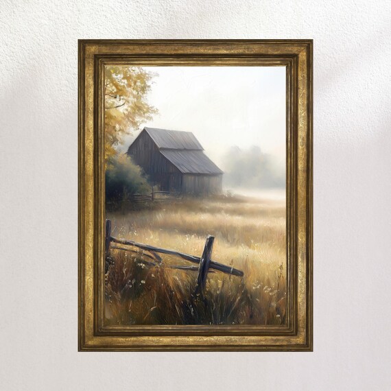 Misty Morning Old Barn Golden Field Rustic Fall Landscape Poster