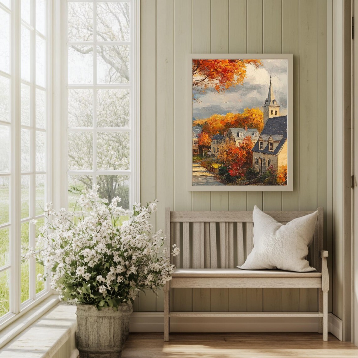 Autumn Village Church Steeple Fiery Foliage Vintage Oil Painting Poster - Image 2