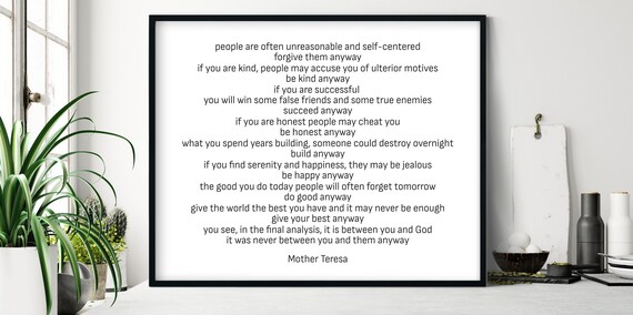 Anyway Poem by Mother Teresa Inspirational Quote Classic Wall Art