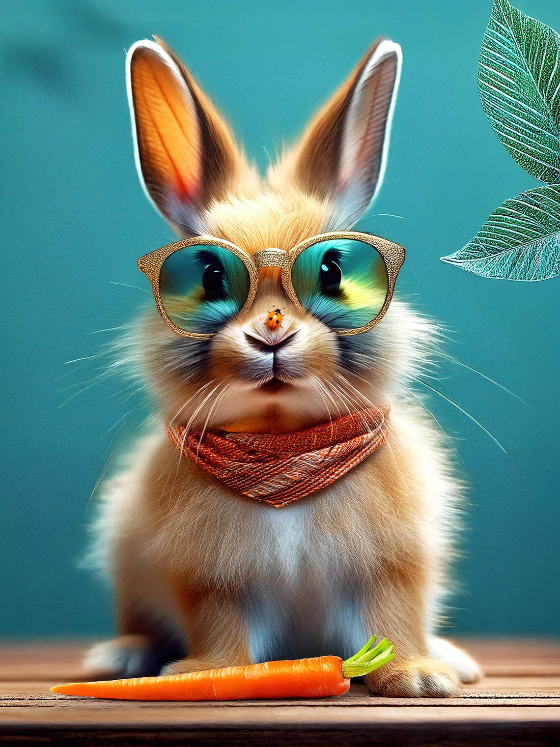 Cool Bunny with Gold Sunglasses Scarf and Carrot on Teal Print - Image 3
