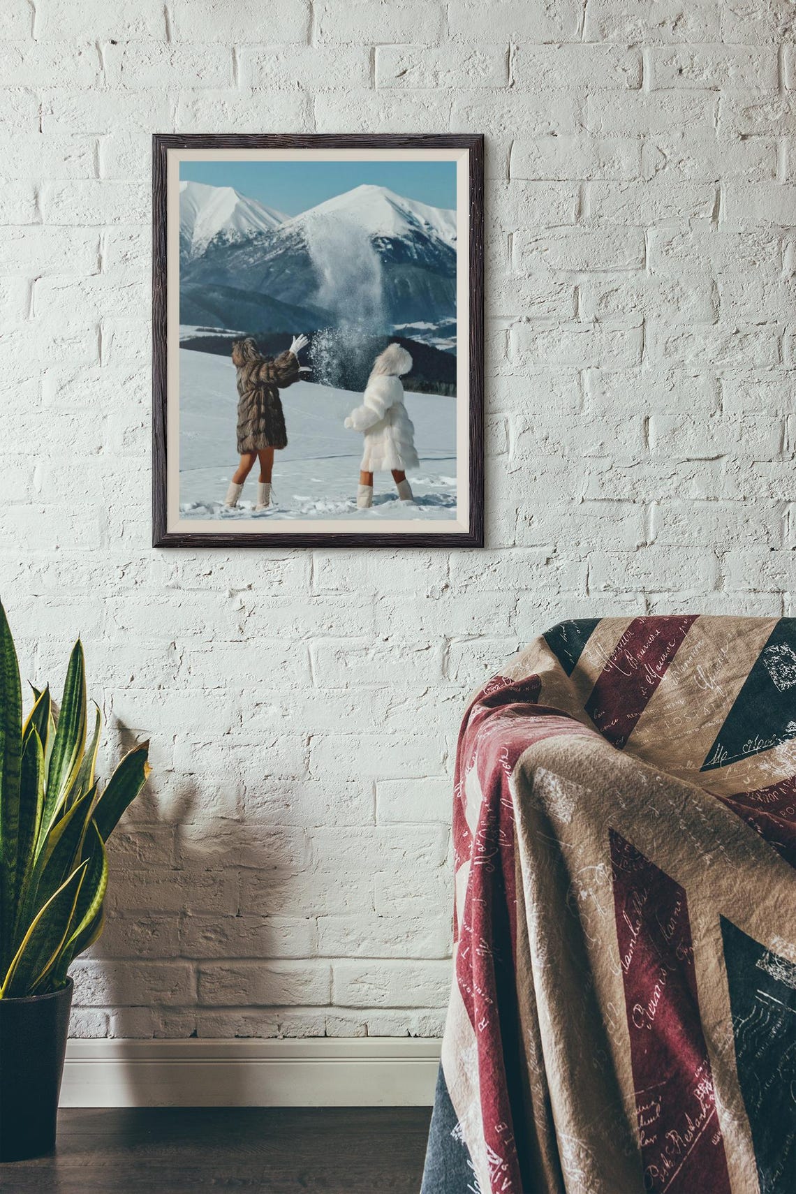 Two Friends In Fur Coats Playing In Snowy Mountain Fun Poster - Image 2