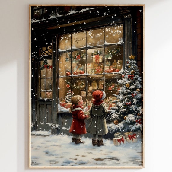 Two Children at Christmas Gift Shop, Vintage Poster