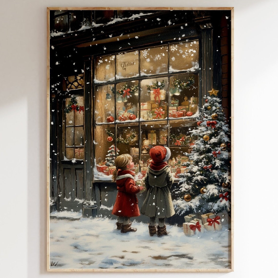 Two Children at Christmas Gift Shop, Vintage Poster