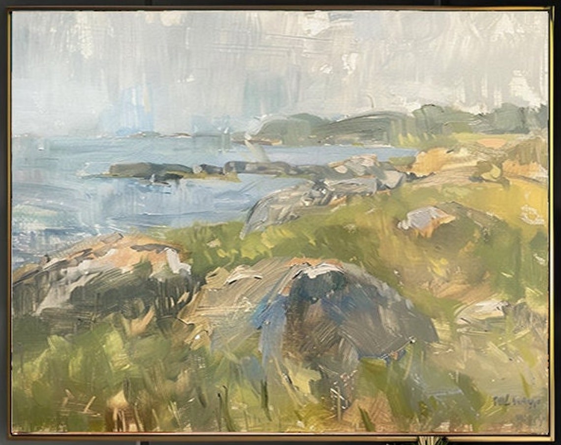 Rocky Coastal Cliffs Green Hillside Calm Sea Vintage Landscape Poster - Image 2