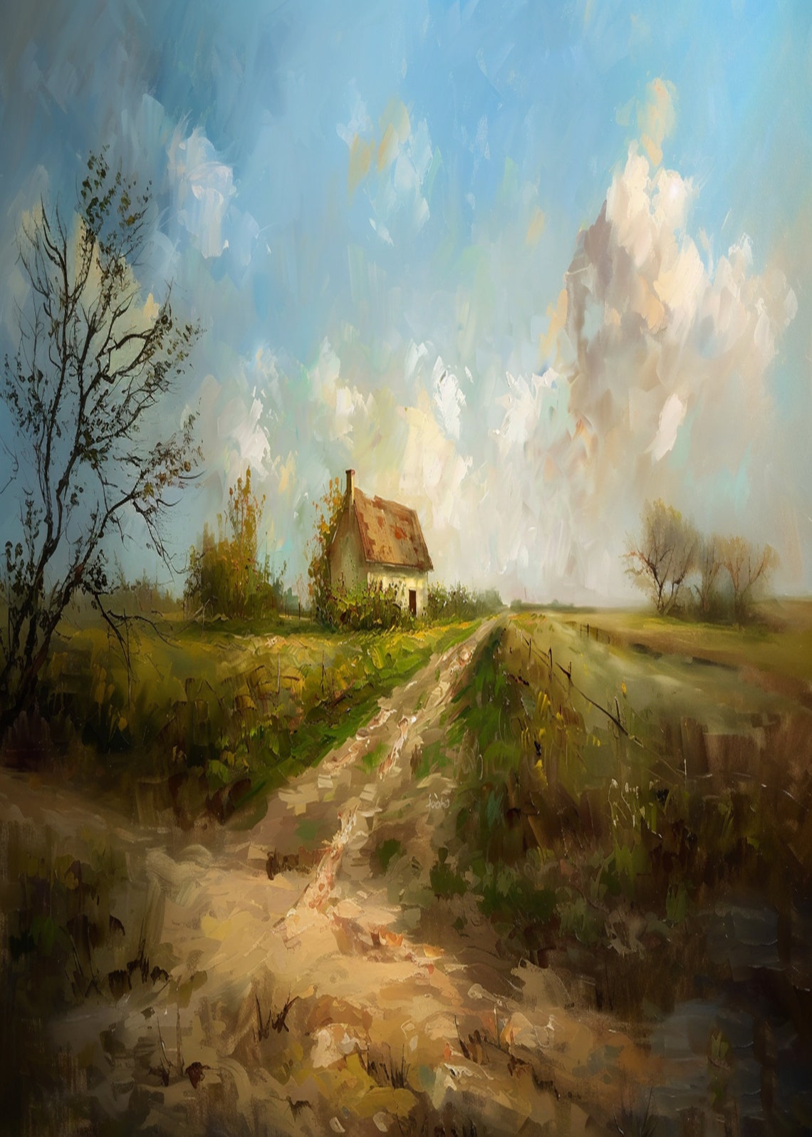 Red Roof Cottage Across Dirt Road Flat Farmland Summer Poster - Image 3