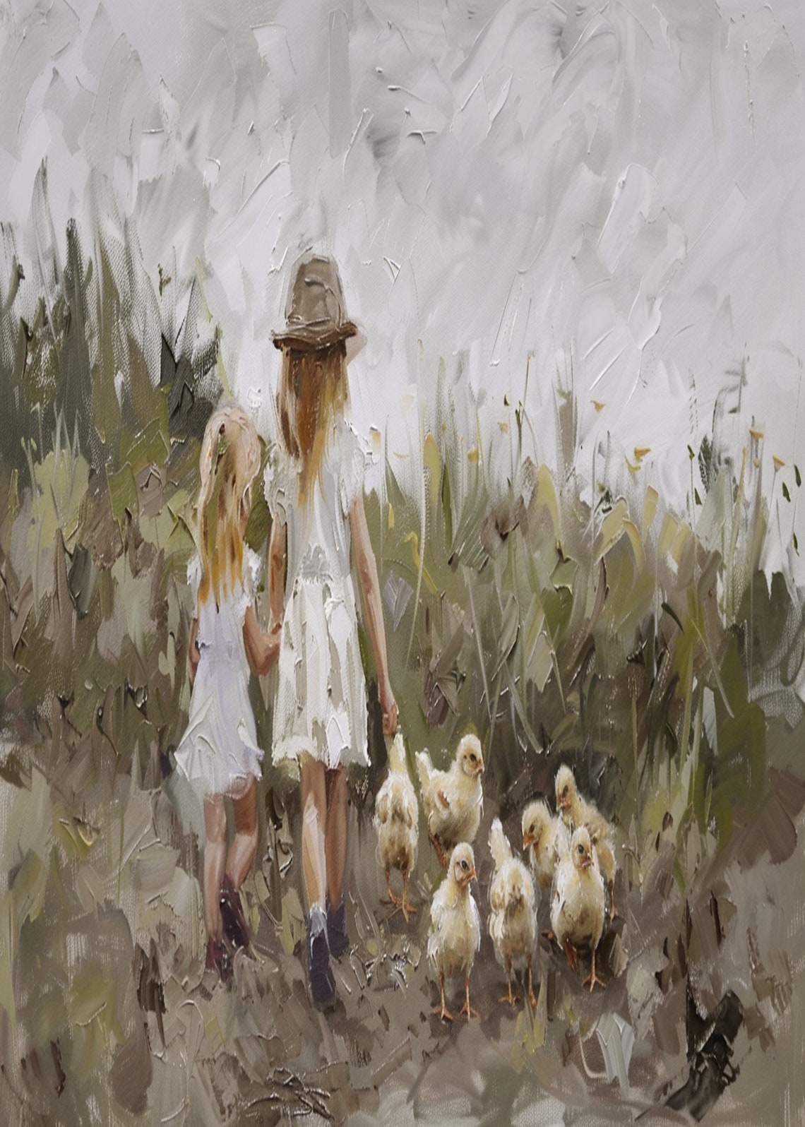 Two Girls Seen from Behind with Baby Ducklings in Field Poster - Image 3