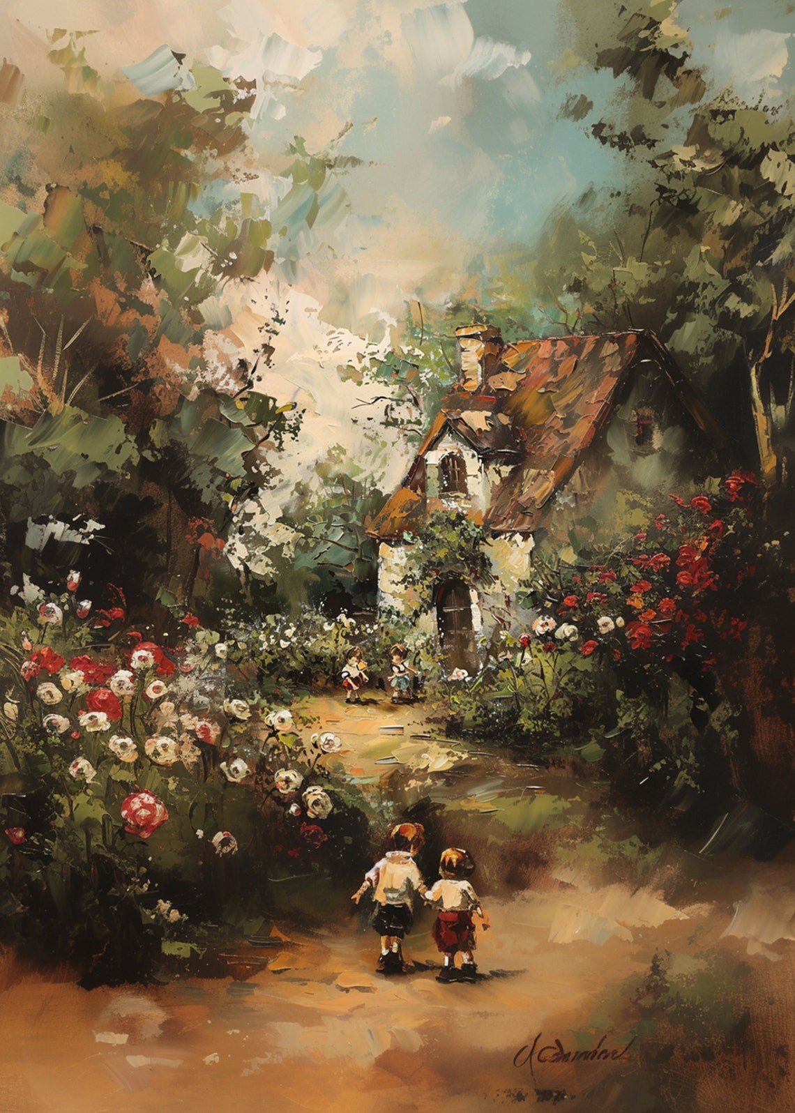 Two Children Playing in Cottage Garden Among Red White Roses Poster - Image 2