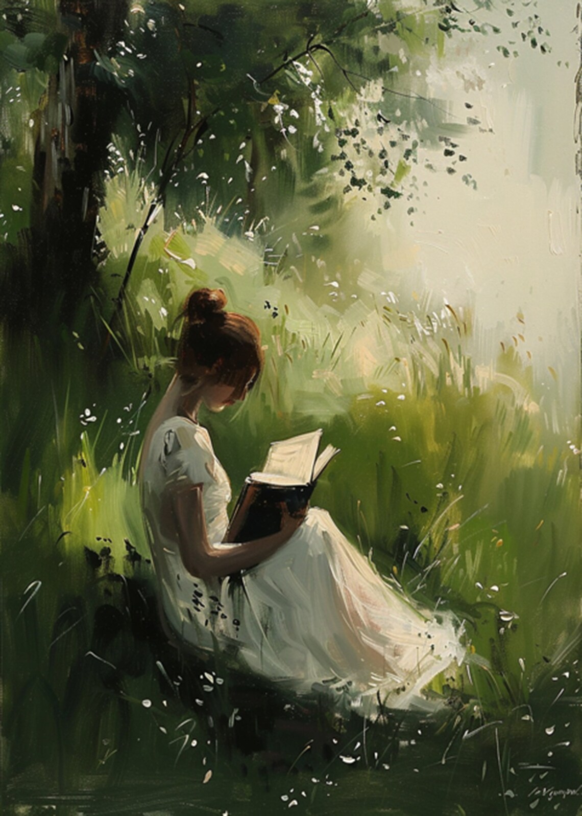 Woman Reading in a Sunlit Meadow Vintage Oil Painting Poster - Image 2
