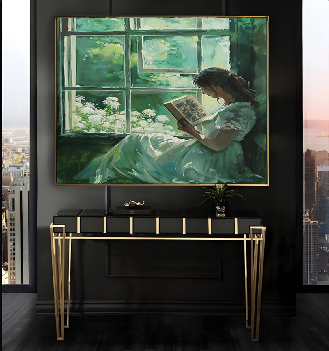 Woman Reading Among Houseplants by the Window Oil Art Poster - Image 2